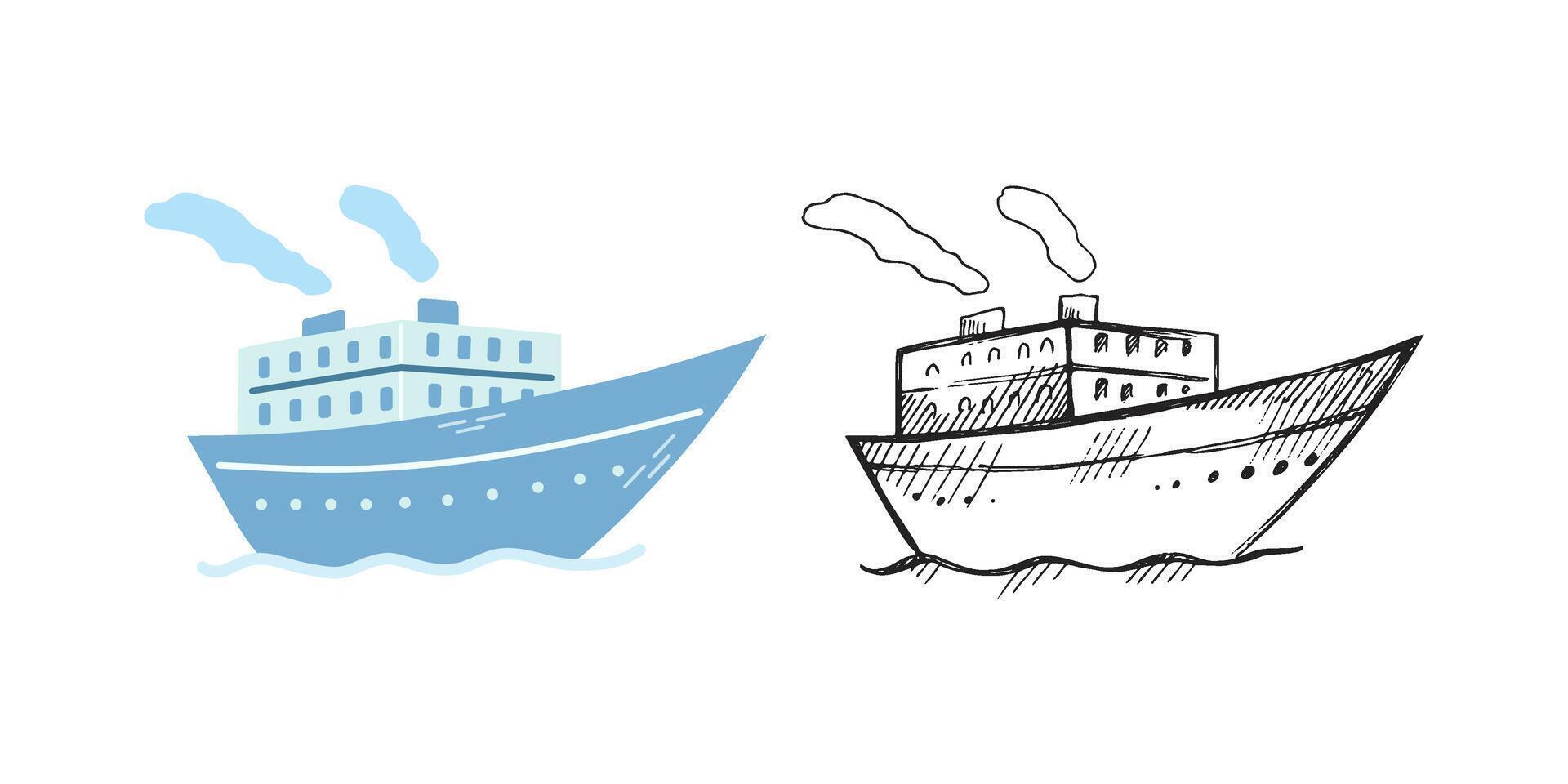 söt hand dragen fartyg, ångbåt, ångare. platt och skiss översikt illustration isolerat på vit bakgrund. klotter teckning. vektor