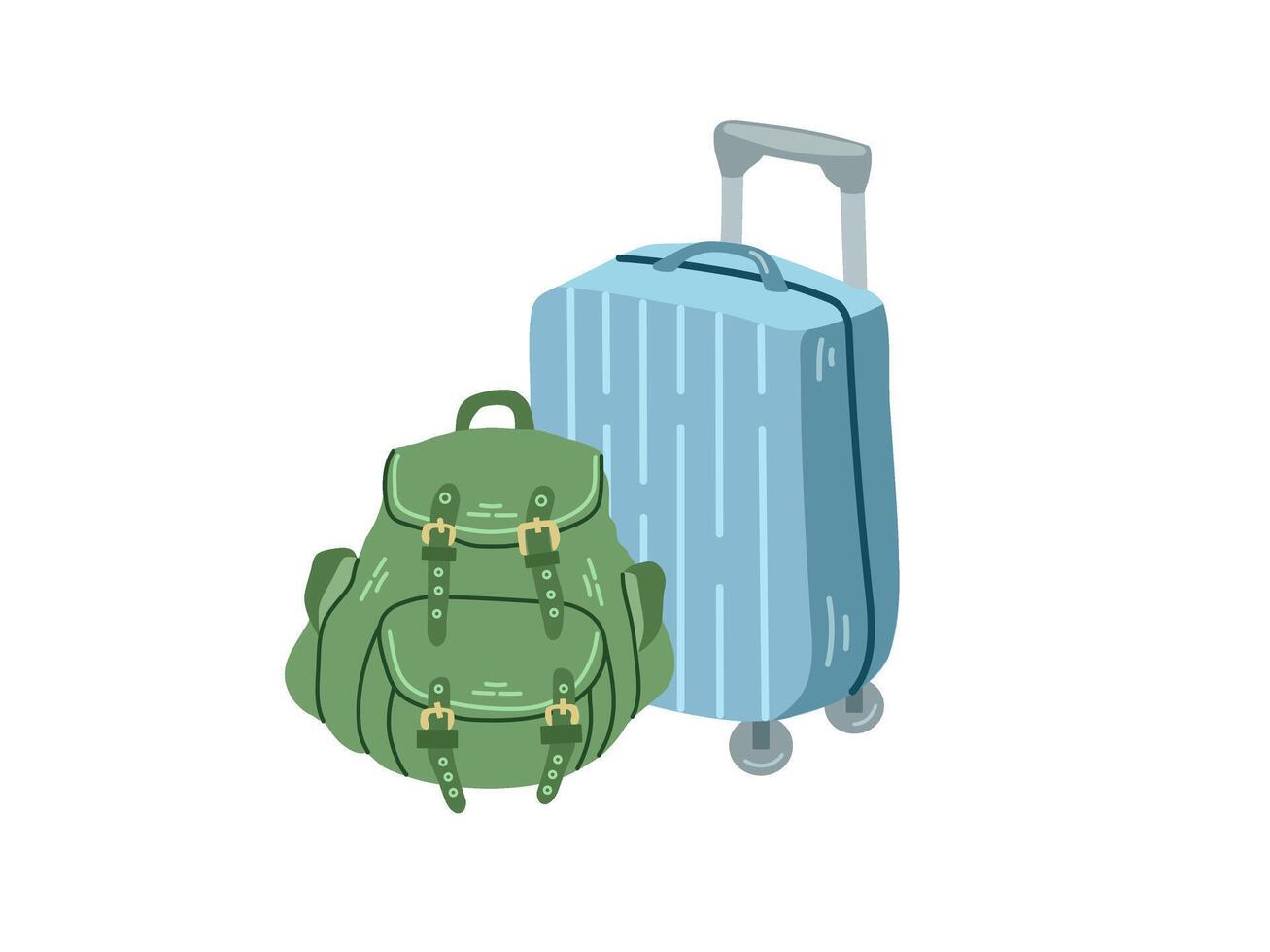 söt hand dragen resväska och camping ryggsäck. platt illustration isolerat på vit bakgrund. klotter teckning. vektor