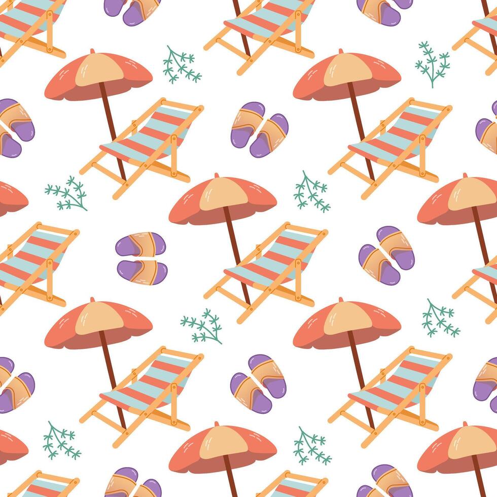söt hand dragen strand stol med strand paraply med flip floppar, sömlös mönster. platt illustration isolerat på vit bakgrund. klotter teckning. vektor