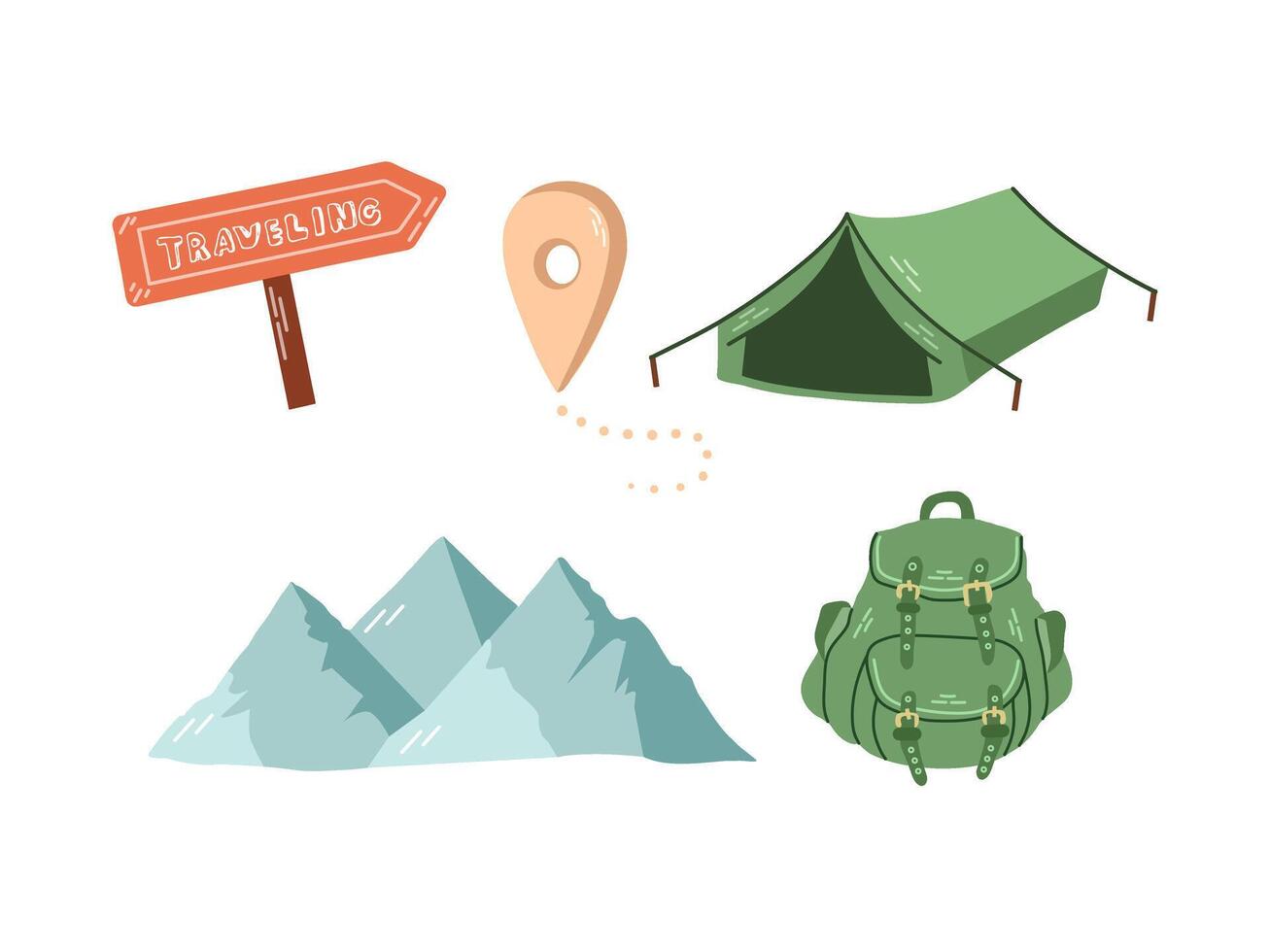 ein süß einstellen von handgemalt Reise Symbole. Abzeichen zum Tourismus und Camping Abenteuer. ein Clip Art mit Reise Elemente. vektor