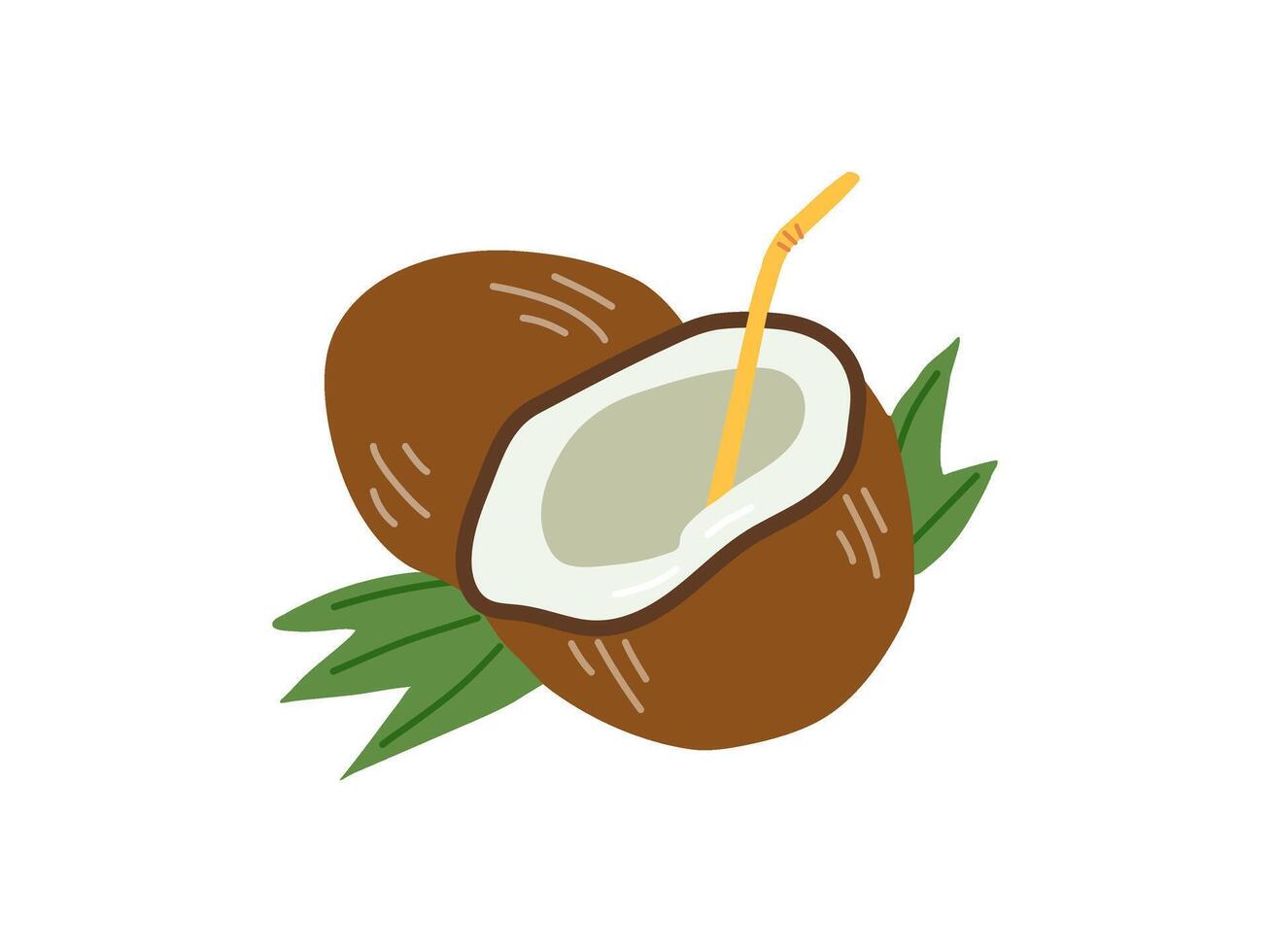 söt hand dragen hela kokos och kokos med sugrör. platt illustration isolerat på vit bakgrund. vektor