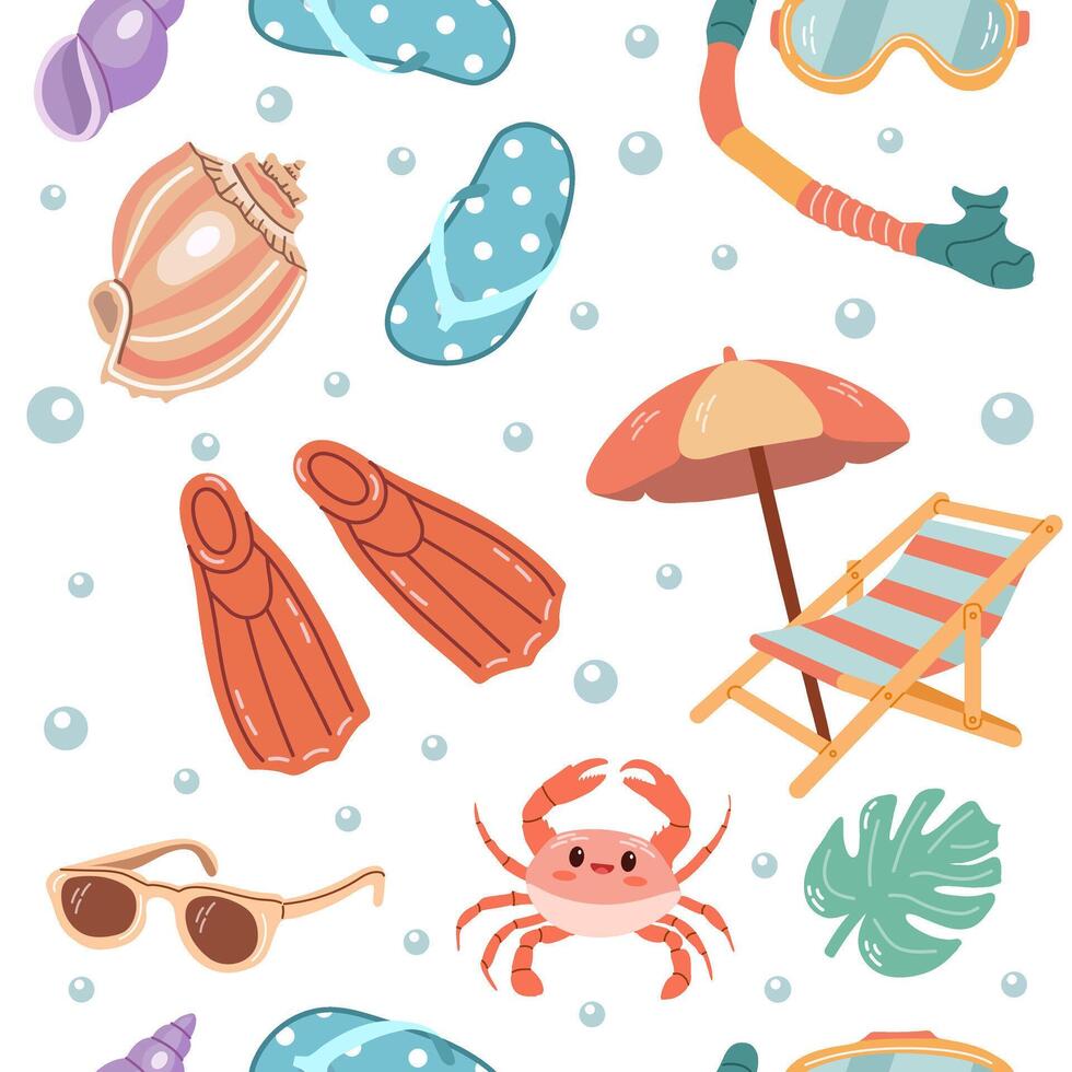 süß Hand gezeichnet Strand Stuhl, Regenschirm mit Flip Flops und andere Strand Elemente nahtlos Muster. eben Illustration isoliert auf Weiß Hintergrund. Gekritzel Zeichnung. vektor