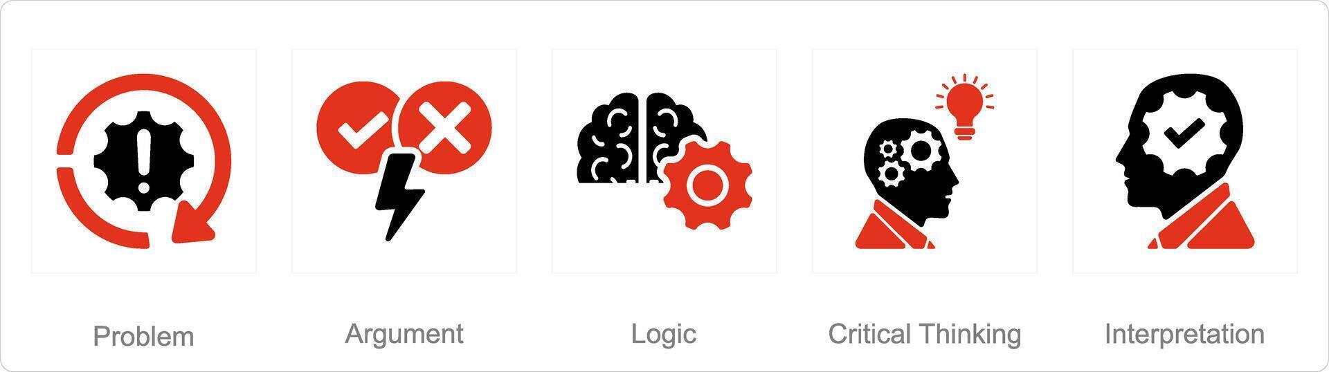 en uppsättning av 5 kritisk tänkande ikoner som problem, argument, logik vektor