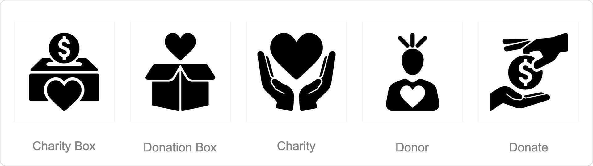 en uppsättning av 5 välgörenhet och donation ikoner som välgörenhet låda, donation låda, välgörenhet vektor