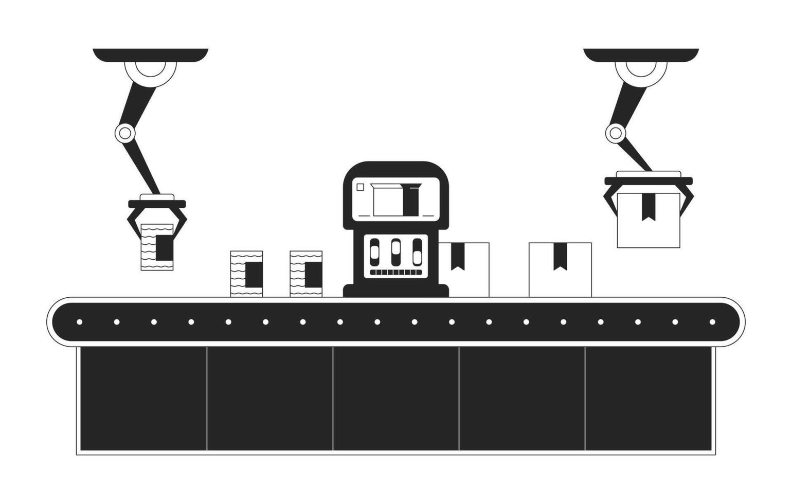 Fabrik Versammlung Linie Kisten schwarz und Weiß 2d Linie Karikatur Objekt. Verpackung Roboter Waffen isoliert Gliederung Artikel. Dosen- Essen Herstellung Automatisierung monochromatisch eben Stelle Illustration vektor