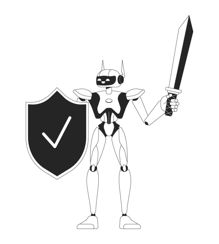 Roboter mit Schild und Schwert schwarz und Weiß 2d Linie Karikatur Charakter. Cyber Sicherheit Humanoid isoliert Gliederung Persönlichkeit. Cyber Schutz Technologie monochromatisch eben Stelle Illustration vektor
