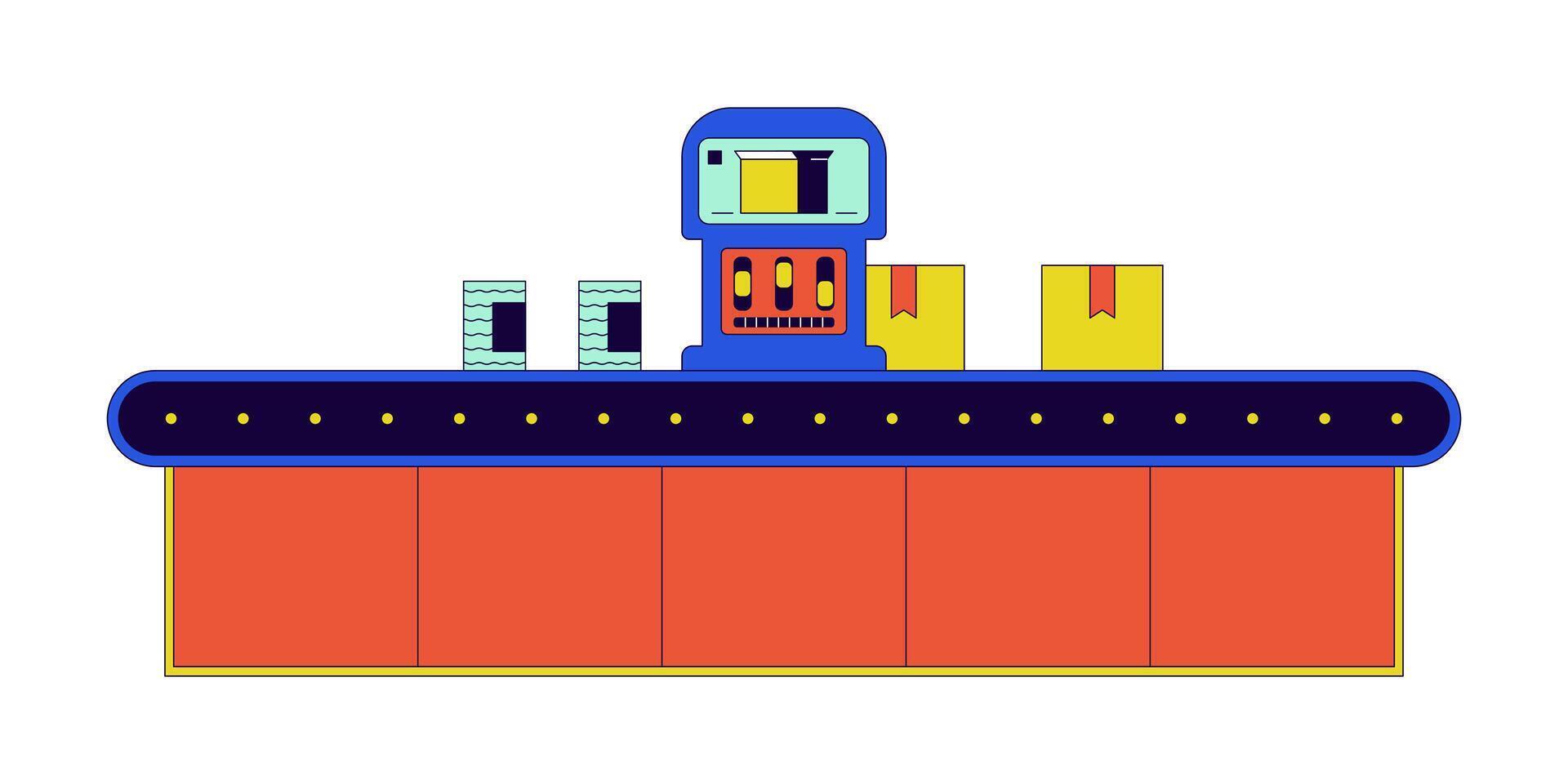 produktion hopsättning linje 2d linjär tecknad serie objekt. transportband bälte lådor isolerat linje element vit bakgrund. industriell Utrustning. fabrik industriell växt Färg platt fläck illustration vektor