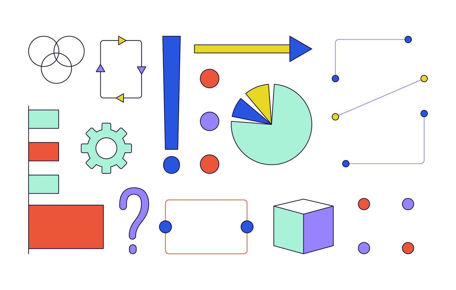 analys geometrisk abstrakt 2d linjär tecknad serie objekt uppsättning. analys Graf paj Diagram isolerat linje element vit bakgrund. val beslutsfattande Färg platt fläck illustration samling vektor