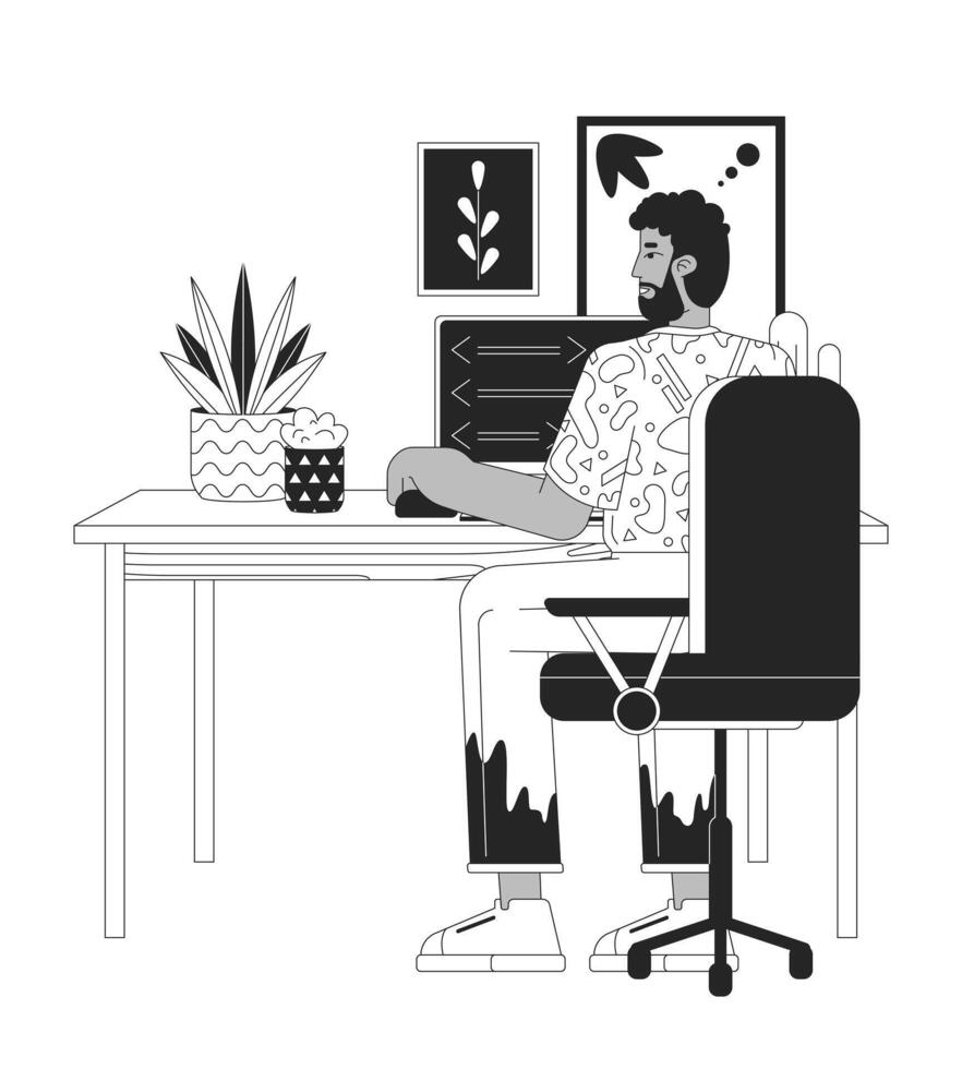 afrikanisch amerikanisch Mann beim Computer schwarz und Weiß 2d Linie Karikatur Charakter. Netz Entwickler Arbeiten beim Zuhause Büro isoliert Gliederung Person. freiberuflich Job monochromatisch eben Stelle Illustration vektor