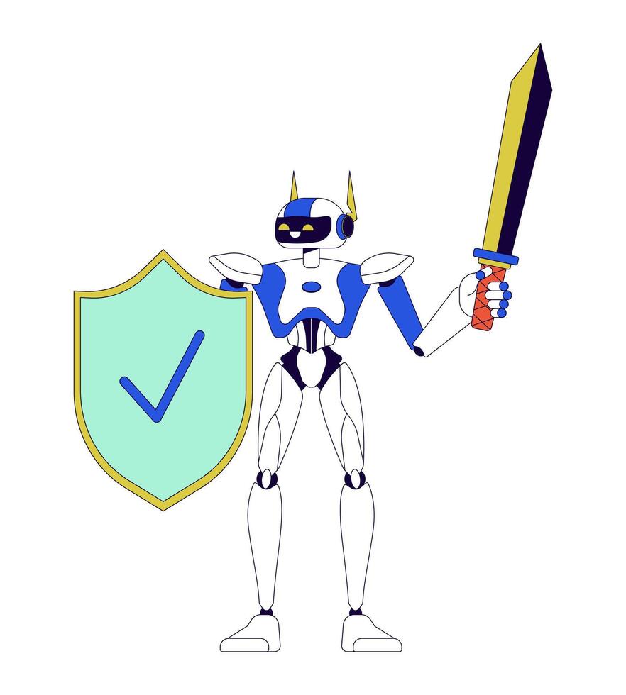 Roboter mit Schild und Schwert 2d linear Karikatur Charakter. Internet-Sicherheit Humanoid isoliert Linie Persönlichkeit Weiß Hintergrund. Cyber Schutz Technologie Farbe eben Stelle Illustration vektor