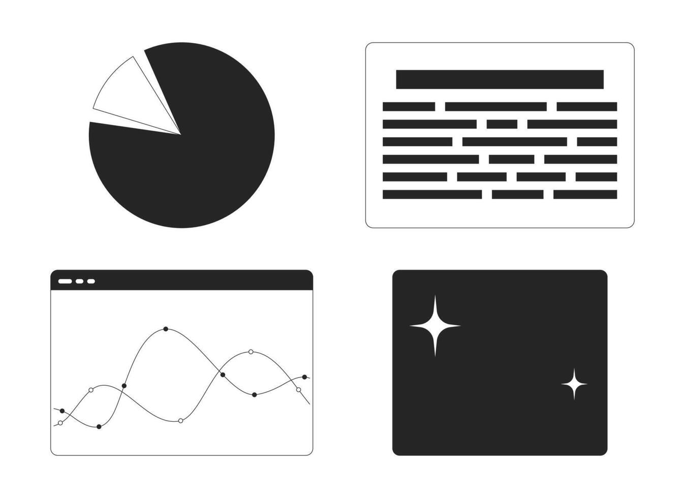 infographic webb sidor svart och vit 2d linje tecknad serie objekt uppsättning. paj Diagram, Graf trender webbsidor isolerat översikt objekt samling. visualisering enfärgad platt fläck illustrationer vektor