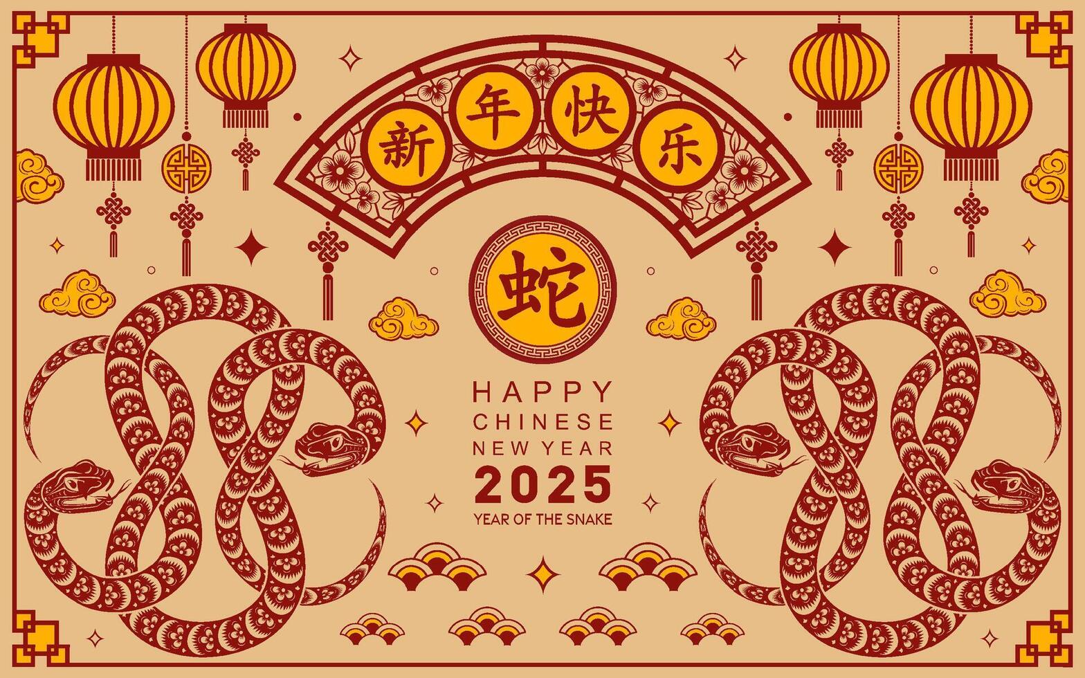 Lycklig kinesisk ny år 2025 de orm zodiaken tecken med blomma, lykta, asiatisk element papper skära stil på Färg bakgrund. vektor