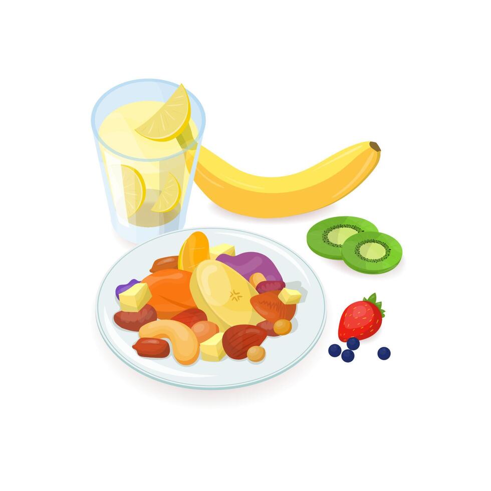 utsökt friska frukost bestod av nötter och skivad färsk och torkades frukt liggande på tallrik och glas av hemlagad citronsaft isolerat på vit bakgrund. gott morgon- mat. illustration. vektor