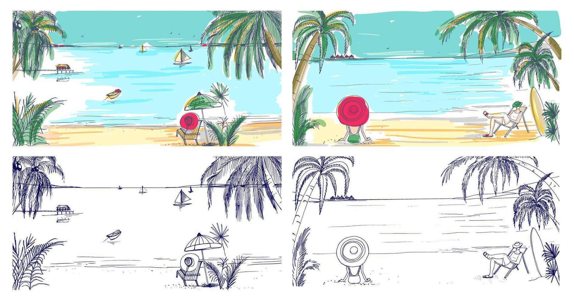 Sammlung von bunt und einfarbig farbig Skizzen mit Strand Landschaften. tropisch Resort mit Menschen entspannend auf Sand Strand, exotisch Palme Bäume und segeln Boote schwebend im Meer auf Horizont. vektor