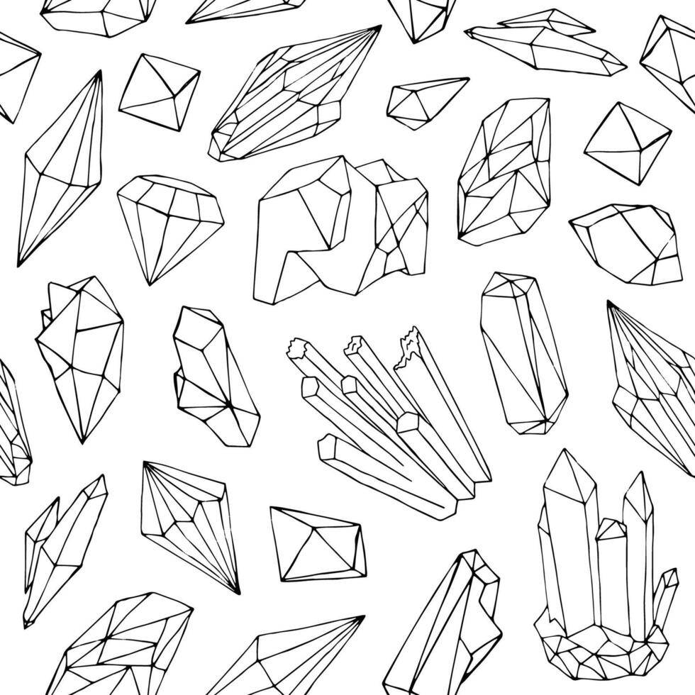 svartvit sömlös mönster med skön fasetterad ädelstenar, mineral kristaller, dyrbar naturlig stenar hand dragen med svart kontur rader på vit bakgrund. illustration för textil- skriva ut. vektor