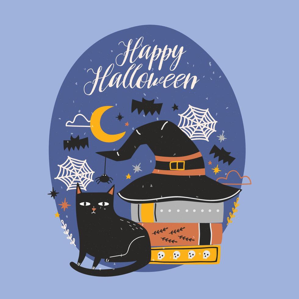glücklich Halloween Banner mit komisch schwarz Katze Sitzung neben Stapel von Antiquität Bücher bedeckt durch Hexe Hut gegen Nacht Himmel, Spinnen und fliegend Fledermäuse auf Hintergrund. Karikatur festlich Illustration. vektor
