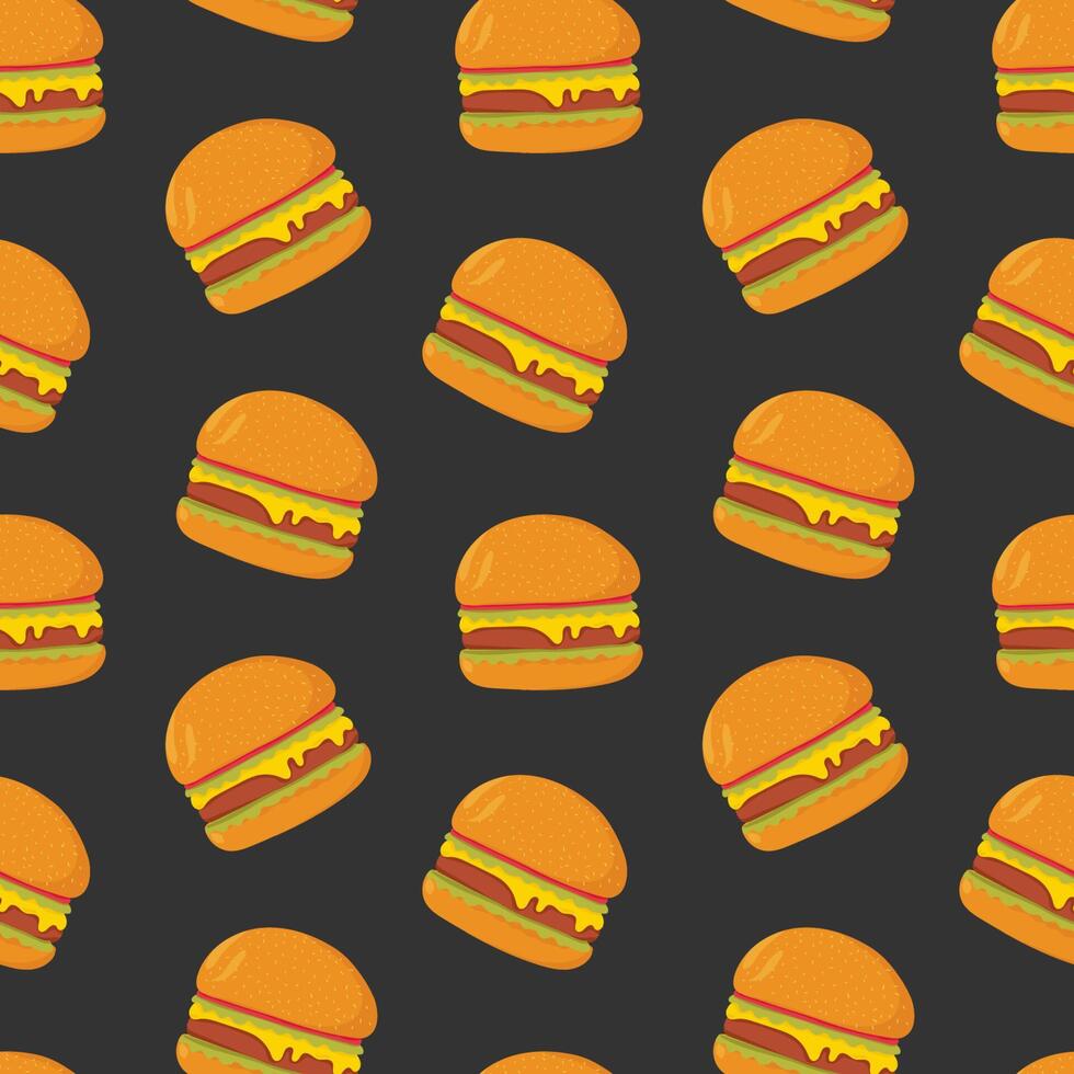 bunt nahtlos Muster mit lecker Hamburger auf dunkel Hintergrund. saftig Burger oder Sandwiches, köstlich schnell Essen Mahlzeit. modern Illustration zum Hintergrund, Hintergrund, Verpackung Papier. vektor