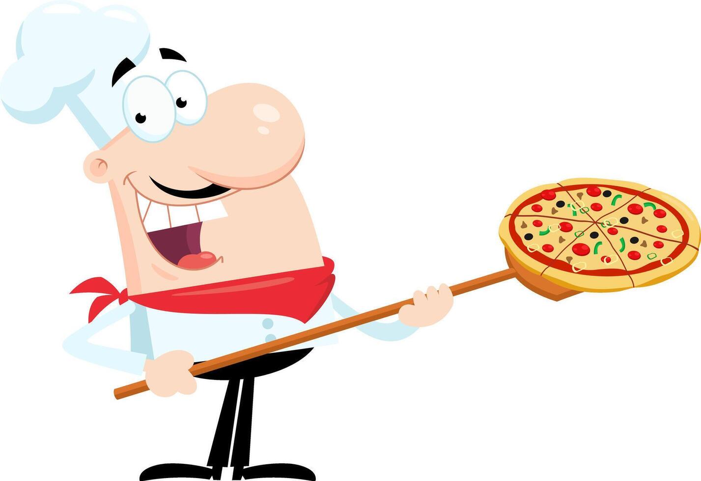 glücklich Koch Mann Karikatur Charakter Einfügen ein Pizza vektor