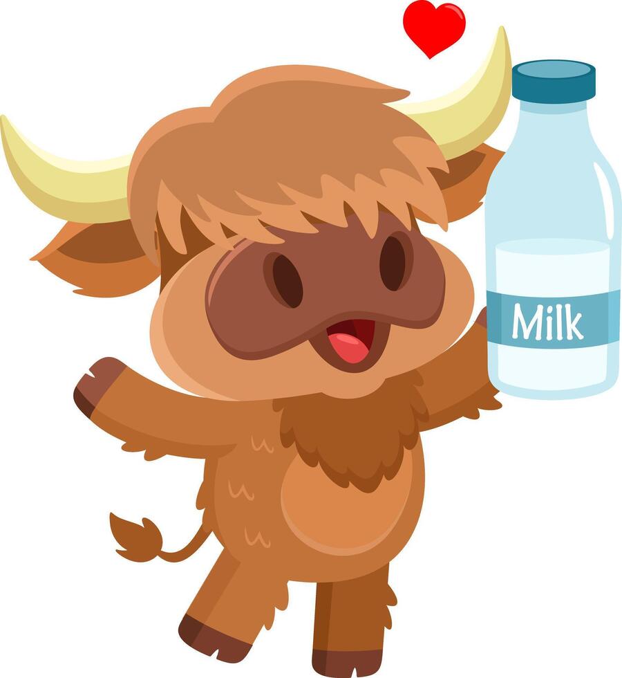 süß Hochland Kuh Tier Karikatur Charakter halten oben ein Milch Flasche vektor