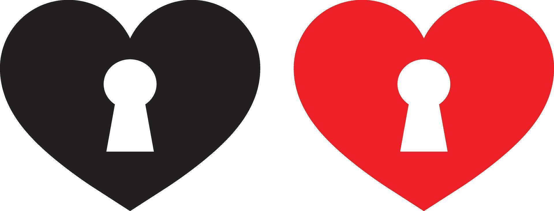 nyckel hål hjärta ikon uppsättning i svart och röd färger . hjärta med nyckelhål ikon . nyckel av kärlek symbol . hjärta formad hänglås ikon vektor