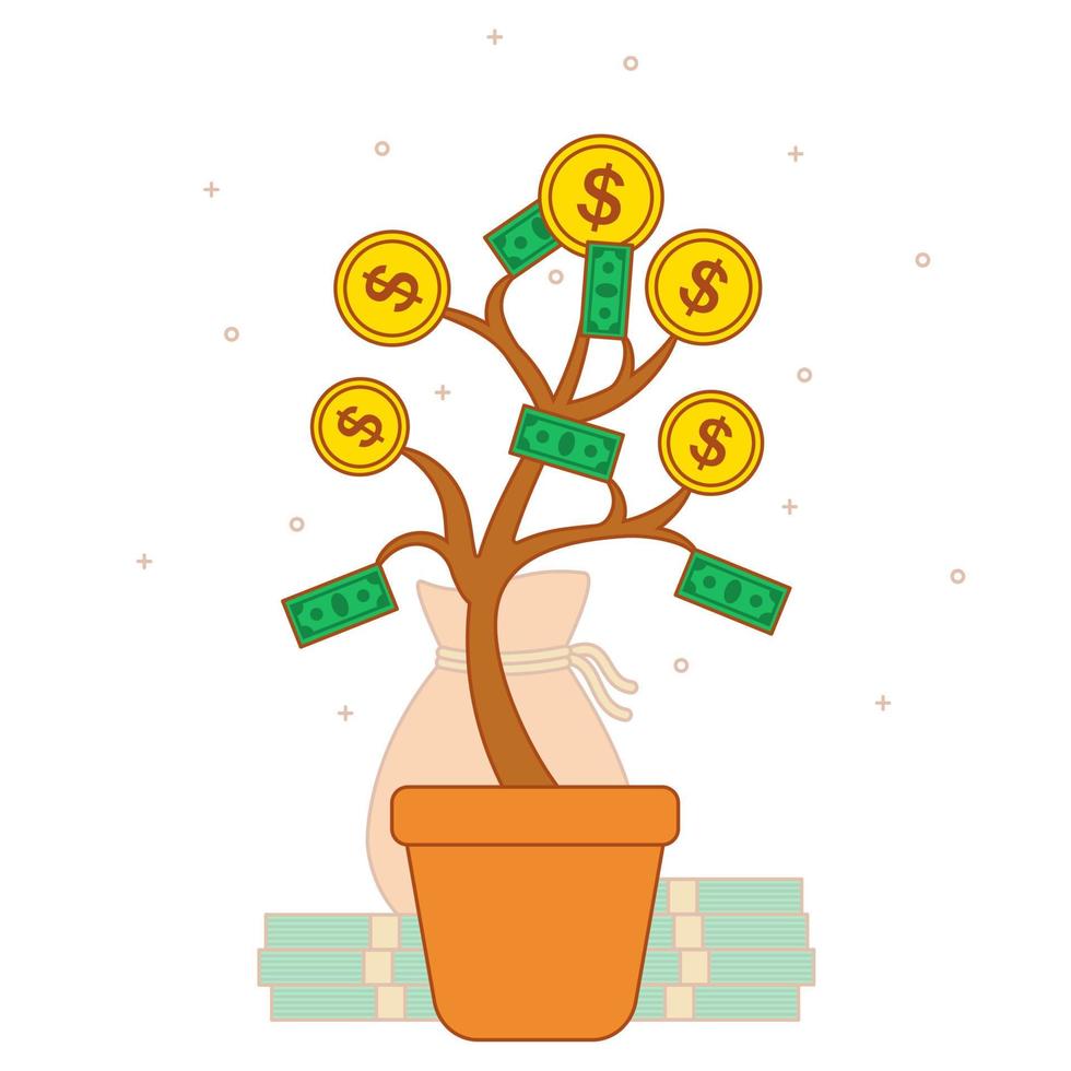 pengaträd med växande guldmynt och dollar. affärs-, finans-, ekonomisk- och investeringskoncept. en symbol för materiellt välbefinnande vektor