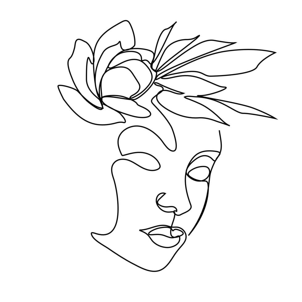 kvinna ansikte en linje ritning med blommor kontinuerlig linjekonst en bukett blommor i en kvinnas huvud, enkel linje konst naturlig kosmetika enkel svartvit målning konstverk vektor