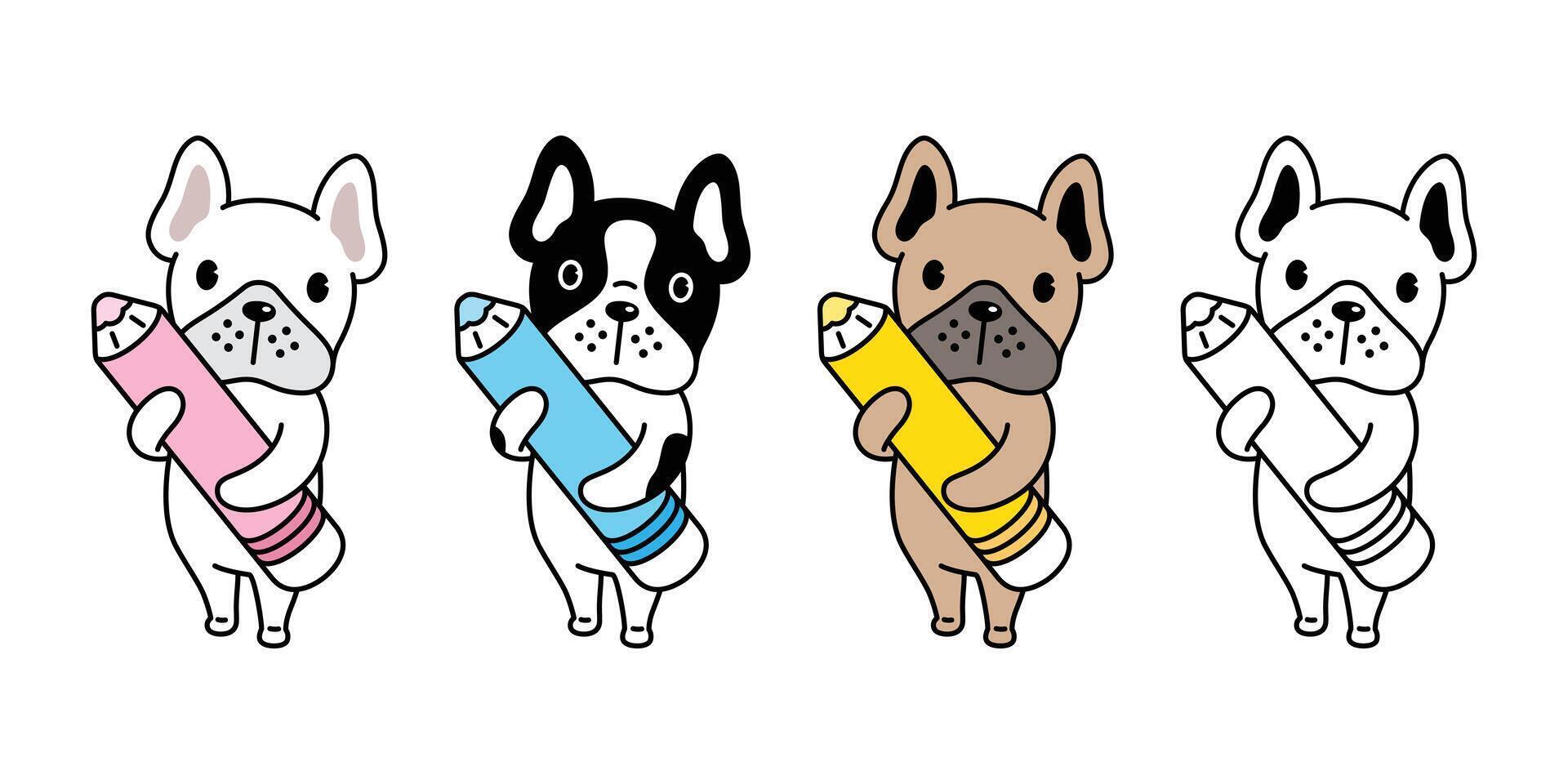 Hund Französisch Bulldogge Symbol Bleistift Farbe Stift Hündchen Haustier Charakter Karikatur Symbol Schal Illustration Gekritzel Design vektor