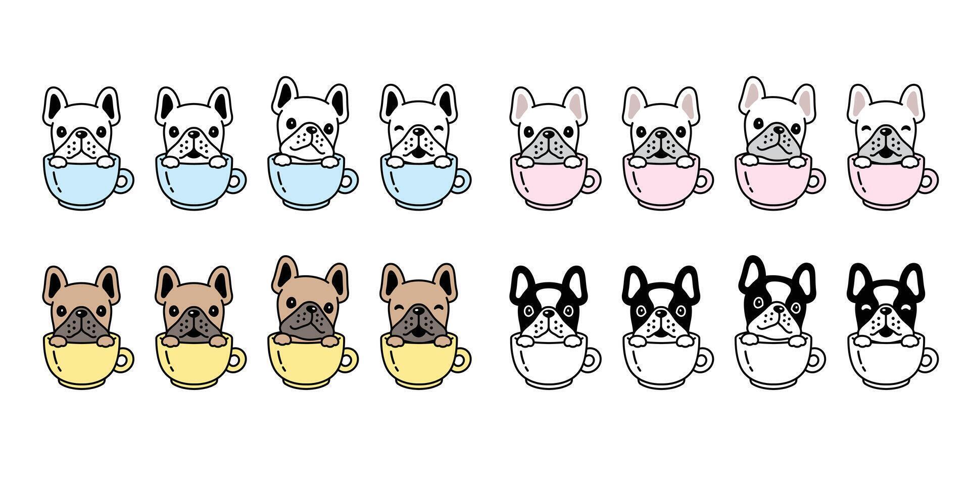 Hund Französisch Bulldogge Symbol Kaffee Tasse Hündchen Haustier Pfote Charakter Karikatur Symbol Schal Illustration Gekritzel Design vektor