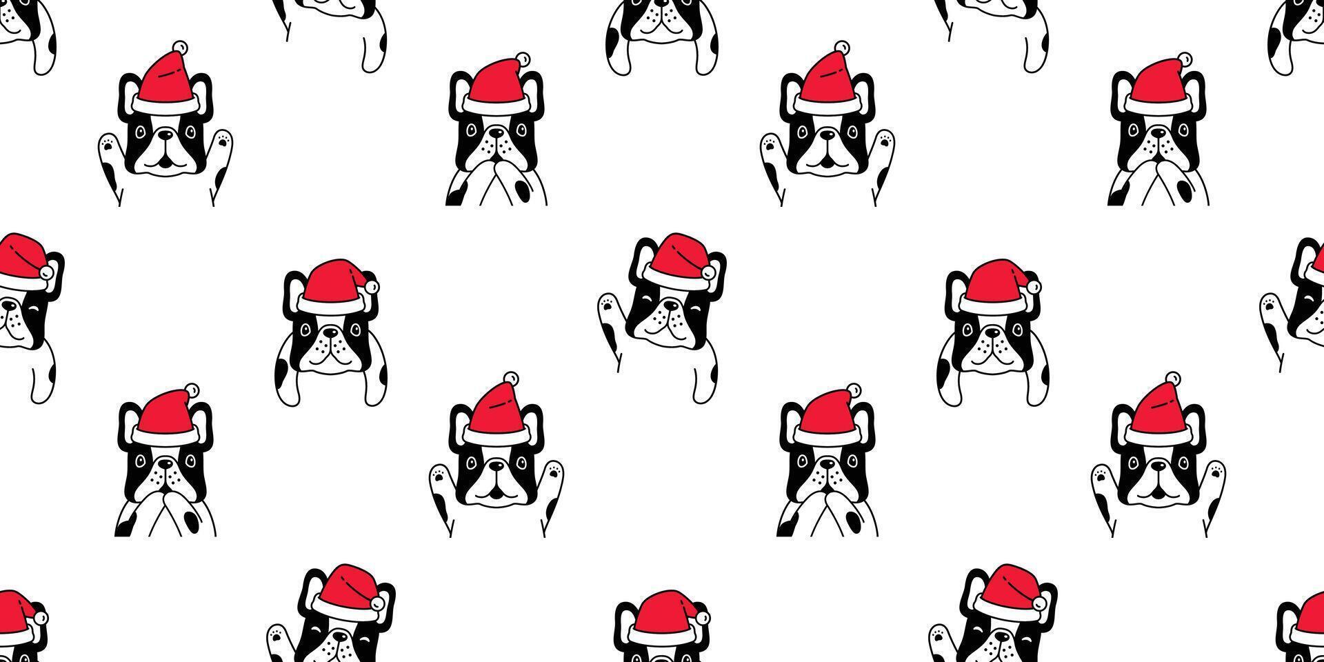 hund sömlös mönster jul franska bulldogg santa claus hatt tecknad serie upprepa tapet bakgrund bricka scarf isolerat illustration design vektor