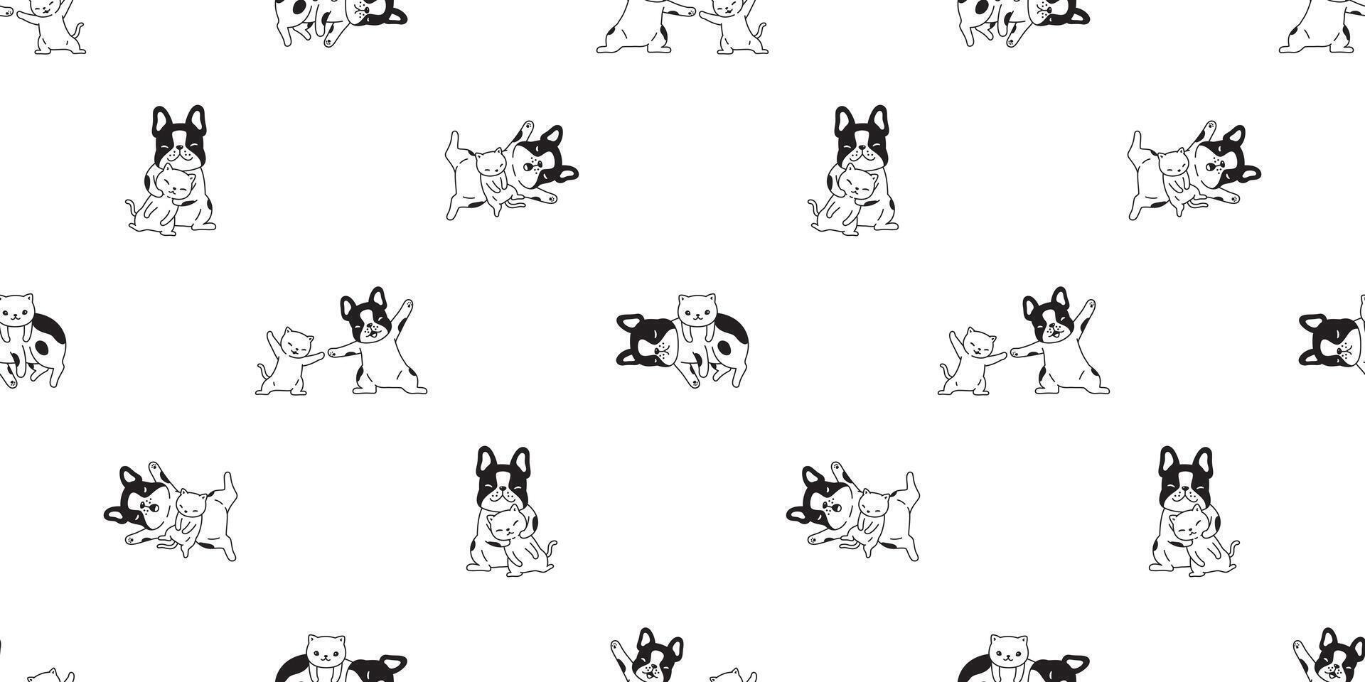 Hund Katze Französisch Bulldogge nahtlos Muster Kätzchen Kattun Karikatur wiederholen Hintergrund Fliese Hintergrund Schal isoliert Illustration Design vektor