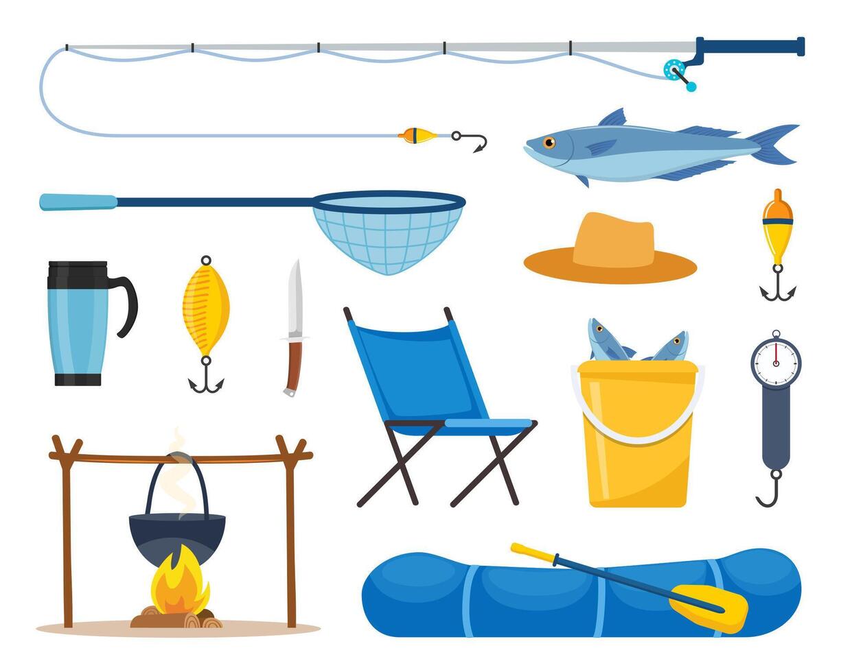 Utrustning och verktyg för fiske. fiske stång, flyta, uppblåsbar sudd båt, landning netto, fiskare kläder, krok, fisk, hatt, ficklampa, stövlar. utomhus- aktivitet, rekreation, hobby. illustration. vektor