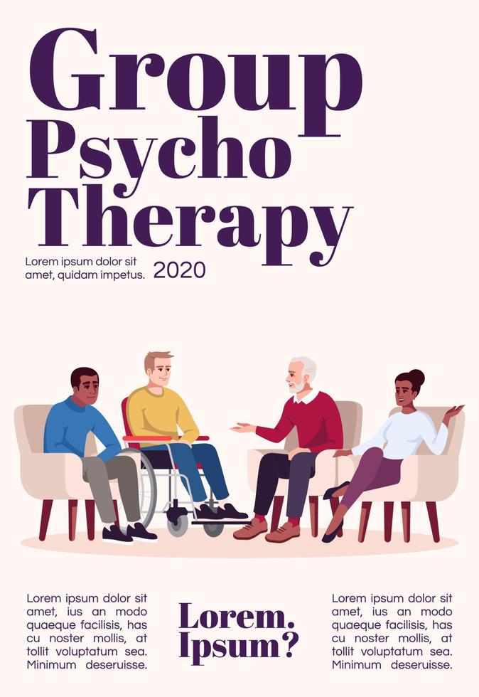 Cover-Vorlage für das Gruppenpsychotherapie-Magazin. psychologische Beratung. Gesprächstherapie. Journal-Mockup-Design. Vektorseitenlayout mit flachem Charakter. Werbung Cartoon Illustration mit Textraum vektor