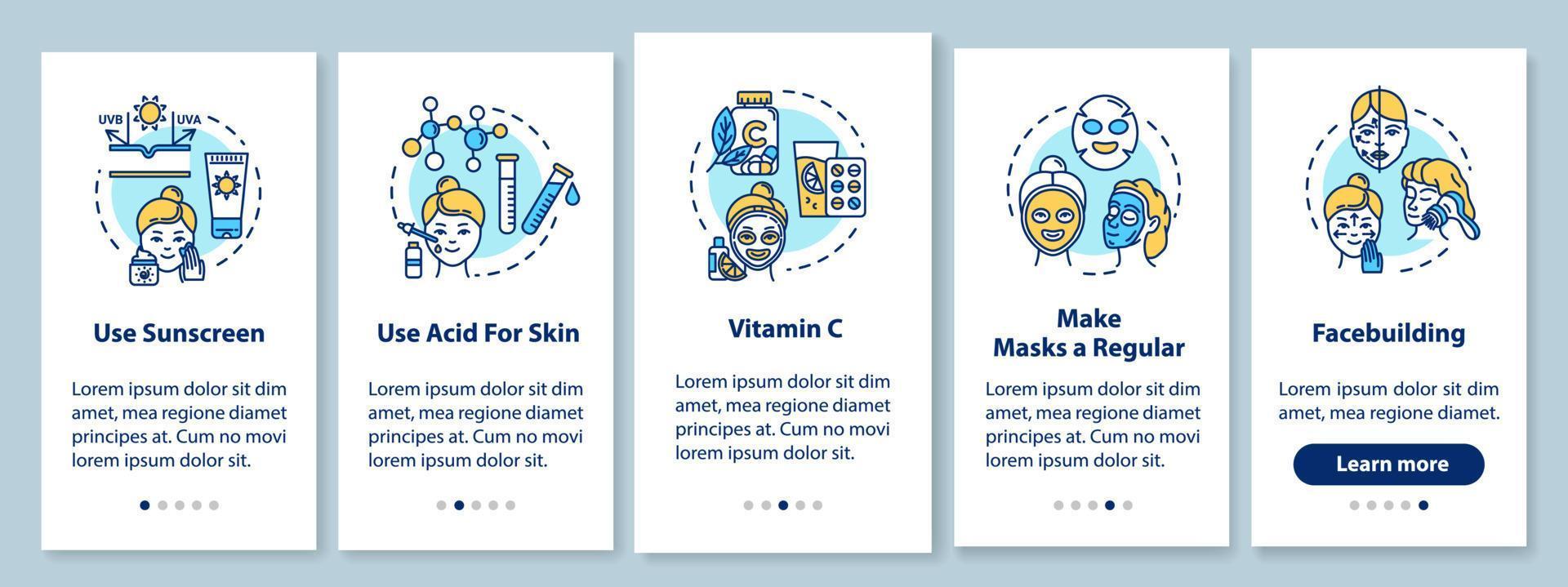 Skicare Onboarding Mobile App-Seitenbildschirm mit Konzepten. Facebuilding, regelmäßige Gesichtsmasken. Kosmetologie Walkthrough 5 Schritte grafische Anweisungen. ui-vektorvorlage mit rgb-farbillustrationen vektor