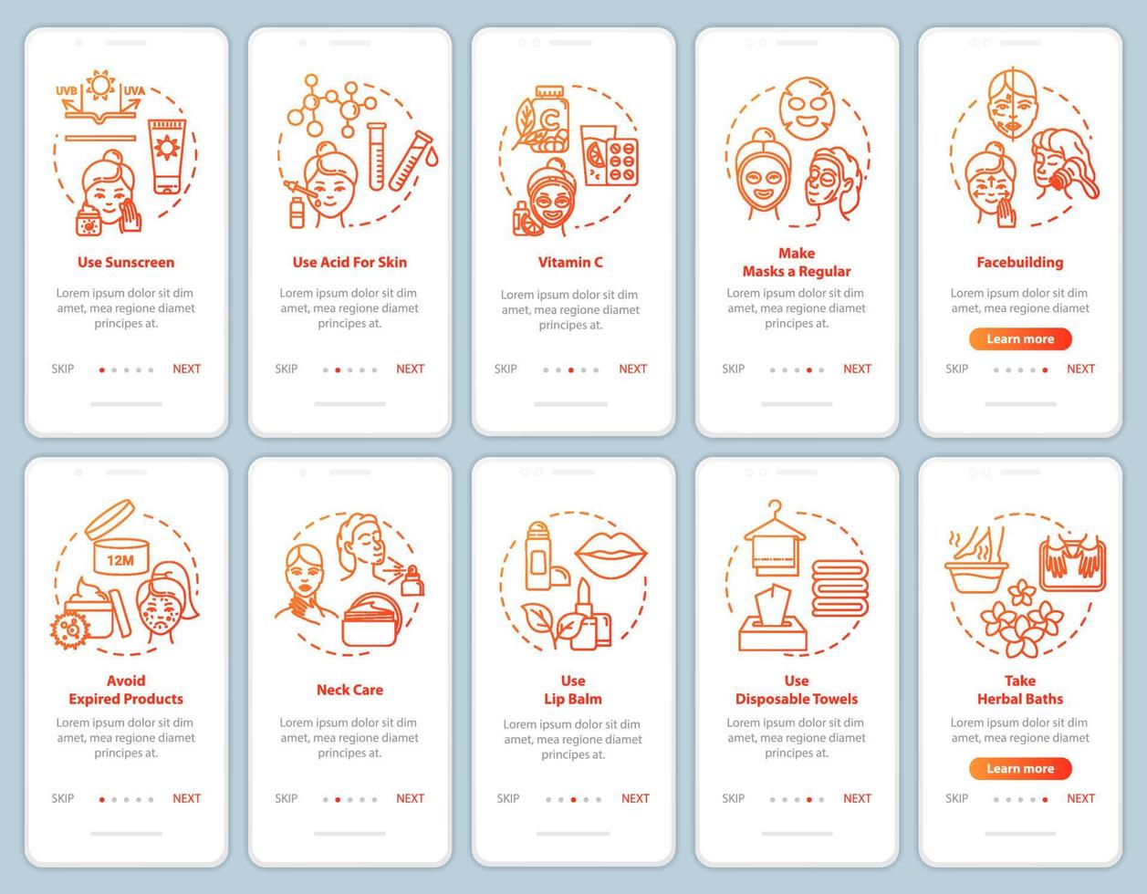 Skicare Onboarding Mobile App-Seitenbildschirm mit Konzepten. Kosmetikprodukte. Dermatologie und Kosmetologie Walkthrough 5 Schritte grafische Anweisungen. ui-vektorvorlage mit rgb-farbillustrationen vektor
