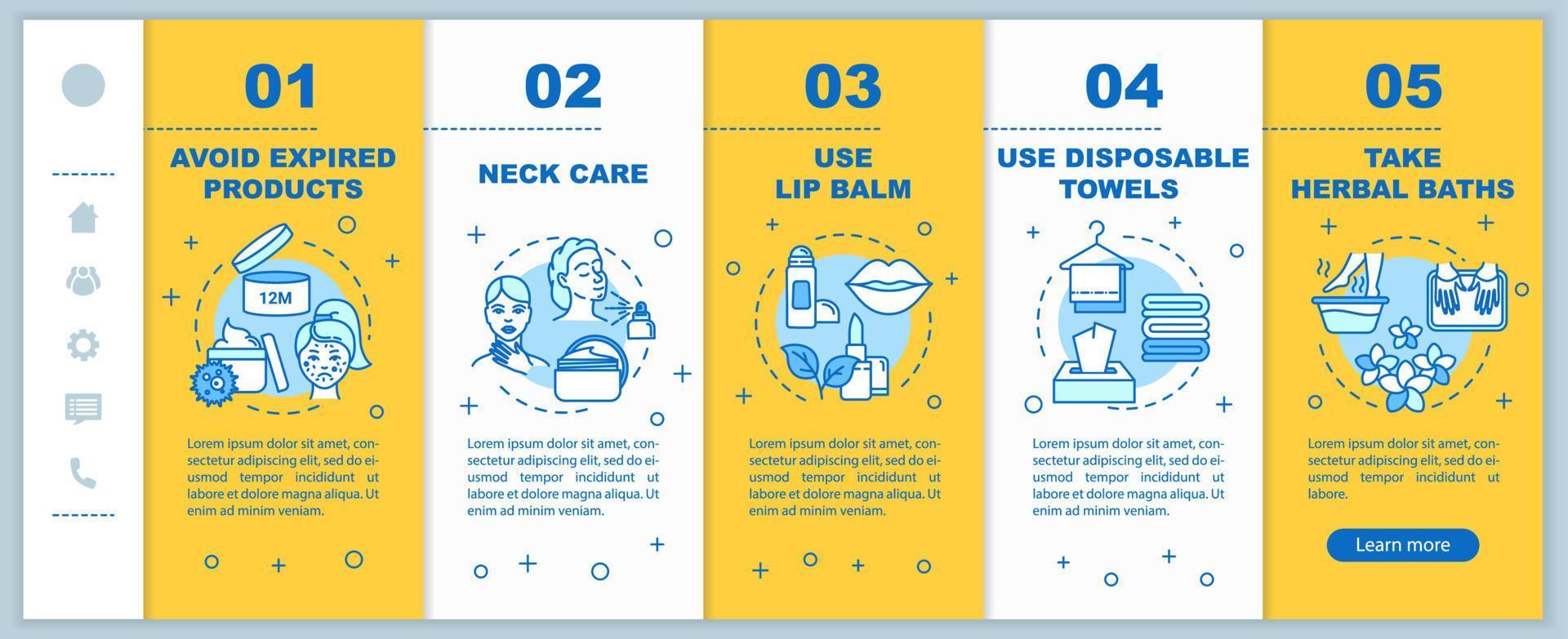 hudvård onboarding vektor mall. undvika utgångna produkter. hals, läppvård. engångshanddukar, örtbad. responsiv mobilwebbplats med ikoner. webbsida genomgång steg skärmar. rgb färg koncept