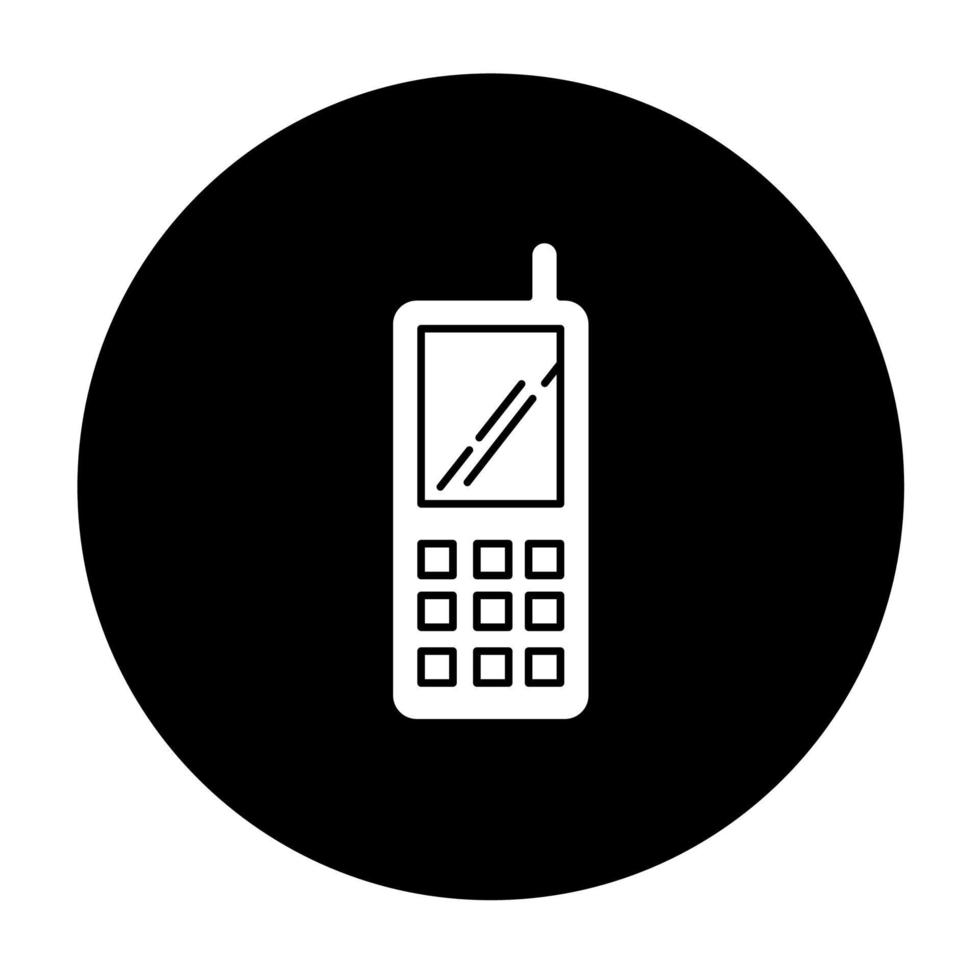 Symbol für tragbare Handy-Glyphen. drahtloses Mobiltelefon mit Tasten. Kommunikationsgerät. Handheld-Handy. elektronisches Gerät. weiße Silhouette Vektorgrafik im schwarzen Kreis vektor