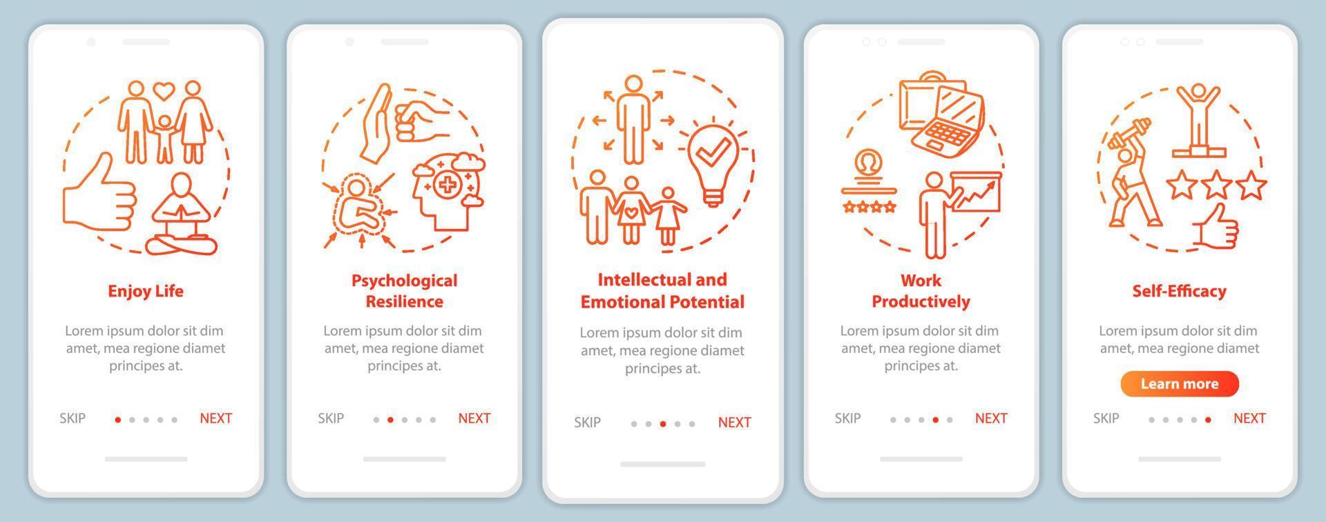Psychische Gesundheit Onboarding mobiler App-Seitenbildschirm mit Konzepten. genieße das Leben. Psychologische Wellness-Anleitung in fünf Schritten mit grafischen Anweisungen. ui-vektorvorlage mit rgb-farbillustrationen vektor
