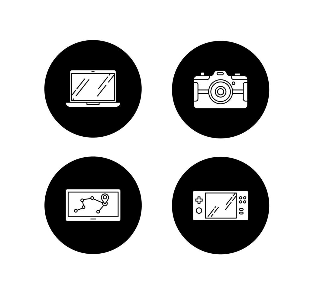 Glyphensymbole für mobile Geräte festgelegt. elektronische Taschengeräte. Navigationsassistent, Spielekonsole. Laptop, Fotokamera. kompakte digitale Werkzeuge. Vektorgrafiken von weißen Silhouetten in schwarzen Kreisen vektor