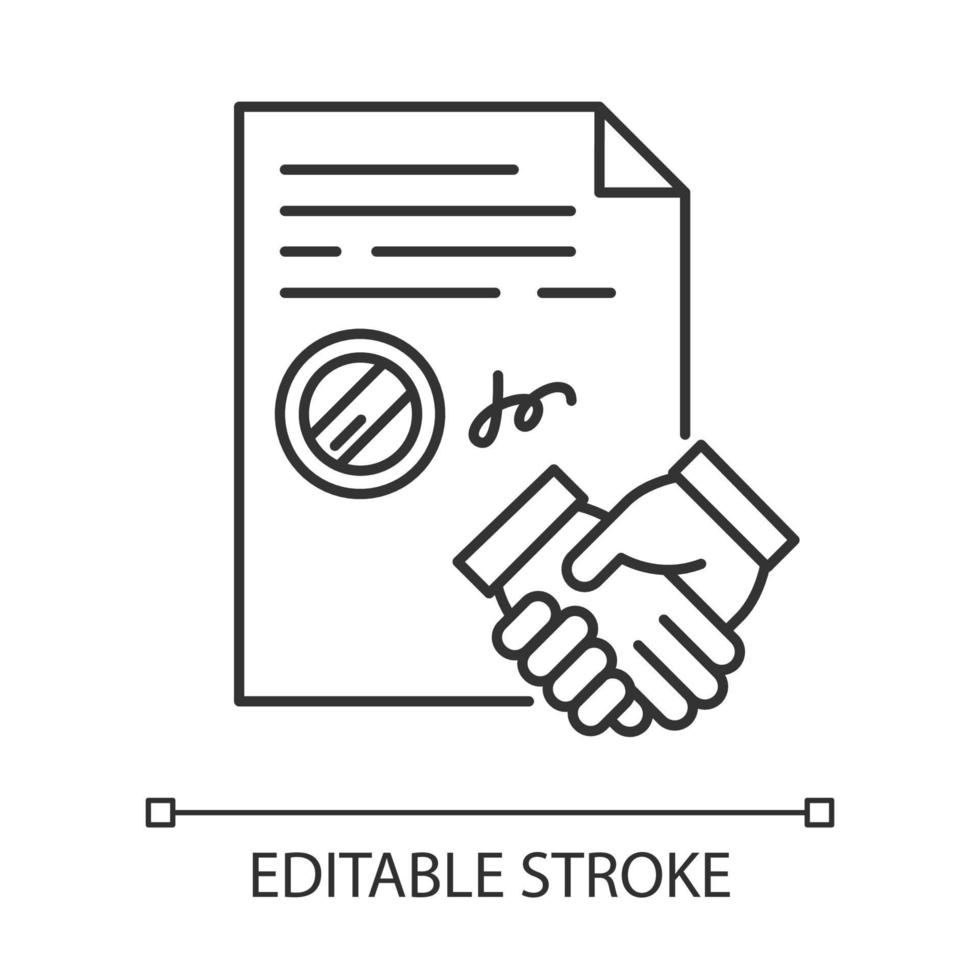 Vertragsabschluss Pixel perfektes lineares Symbol. rechtliches Übereinkommen. Geschäft. Partnerschaft. dünne Linie anpassbare Illustration. Kontursymbol. Vektor isolierte Umrisszeichnung. bearbeitbarer Strich