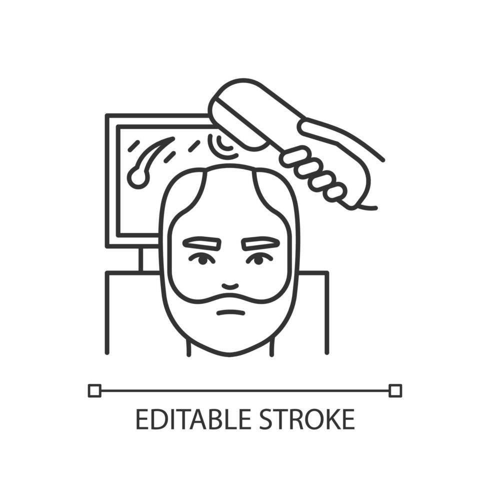 Trichoskopie Pixel perfektes lineares Symbol. Behandlung von Haarausfall. Diagnose von Kopfhaut- und Haarkrankheiten. dünne Linie anpassbare Illustration. Kontursymbol. Vektor isolierte Umrisszeichnung. bearbeitbarer Strich