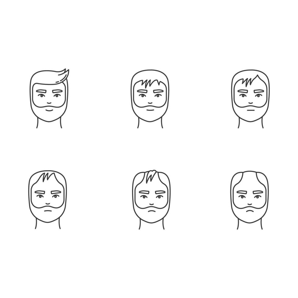 håravfall pixel perfekt linjär ikoner set. skallighet process stadier. manlig alopecitillstånd. anpassningsbara tunna linjers kontursymboler. isolerade vektor kontur illustrationer. redigerbar linje