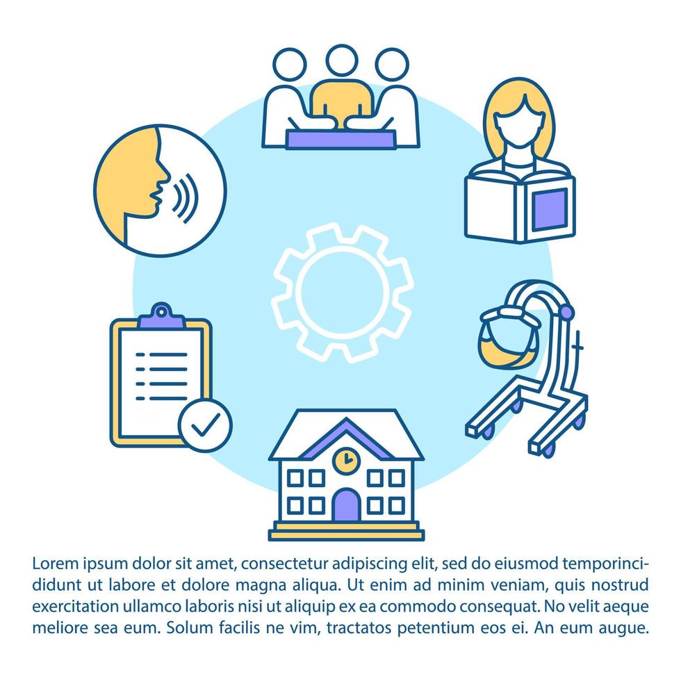 specialiserat träningsprogram koncept ikon med text. inkluderande utbildning. examensförberedande klasser. ppt sida vektor mall. broschyr, tidning, häfte designelement med linjära illustrationer