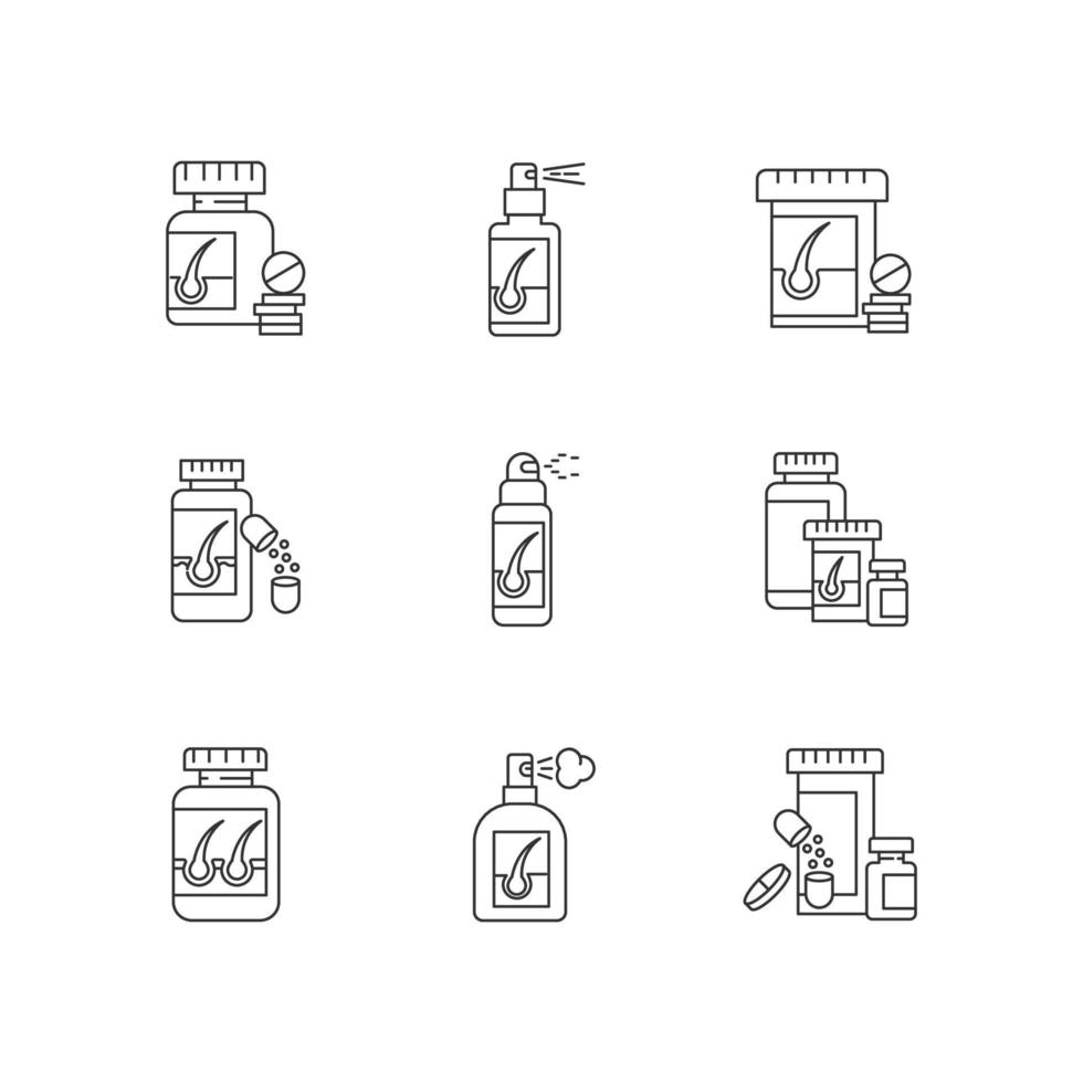 Haarausfall Pixel perfekte lineare Symbole gesetzt. Medikament gegen Alopezie. Vitaminpräparate für dünner werdendes Haar. anpassbare Kontursymbole für dünne Linien. isolierte Vektor-Umriss-Illustrationen. bearbeitbarer Strich vektor