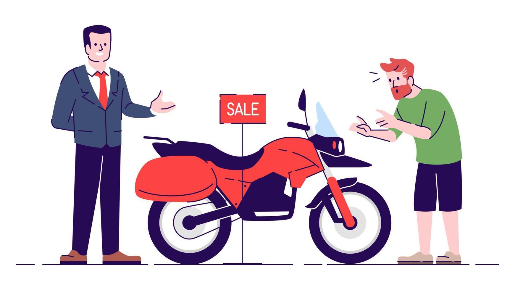 man köper motorcykel till försäljning platt doodle illustration. turist köper lokala transporter. säljare som säljer motorcykel. indonesien turism 2d seriefigur med kontur för kommersiellt bruk vektor