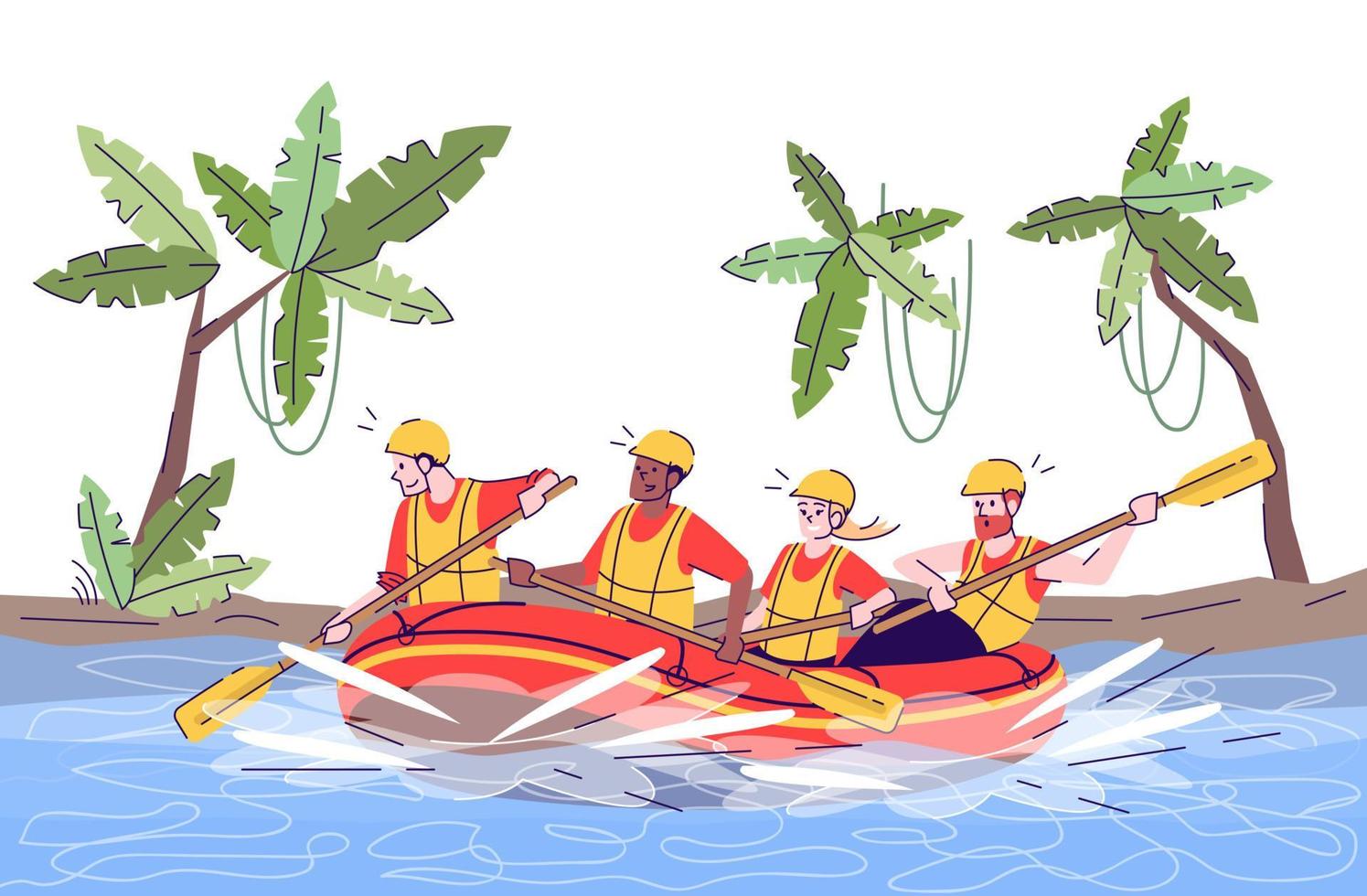 djungeln forsränning platt doodle illustration. människor i flotte. vattenaktivitet. extrema sporter. aktivt tidsfördriv i exotiskt land. indonesien turism 2d seriefigur med kontur för kommersiellt bruk vektor