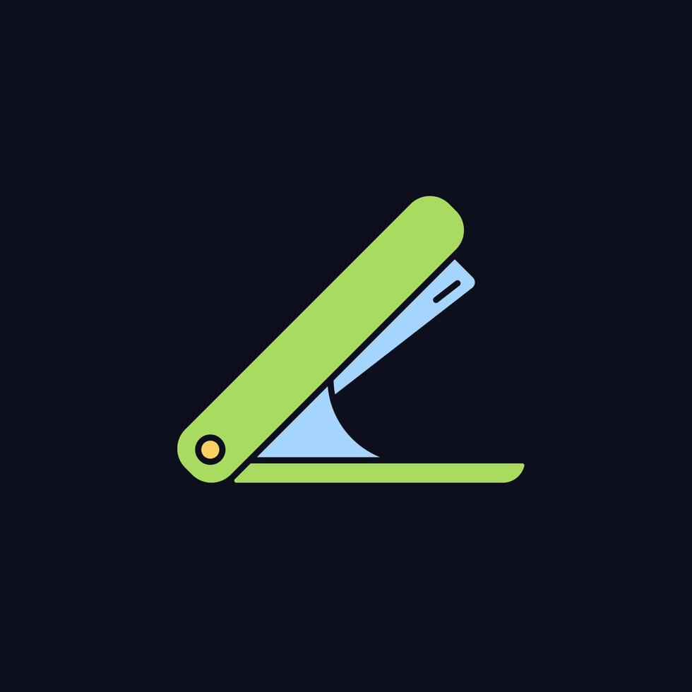 Hefter-RGB-Farbsymbol für dunkles Design. mechanisches Werkzeug zum Zusammenfügen von Dokumentseiten. Schulzubehör. isolierte Vektor-Illustration auf Nachtmodus-Hintergrund. einfache gefüllte Strichzeichnung auf Schwarz vektor