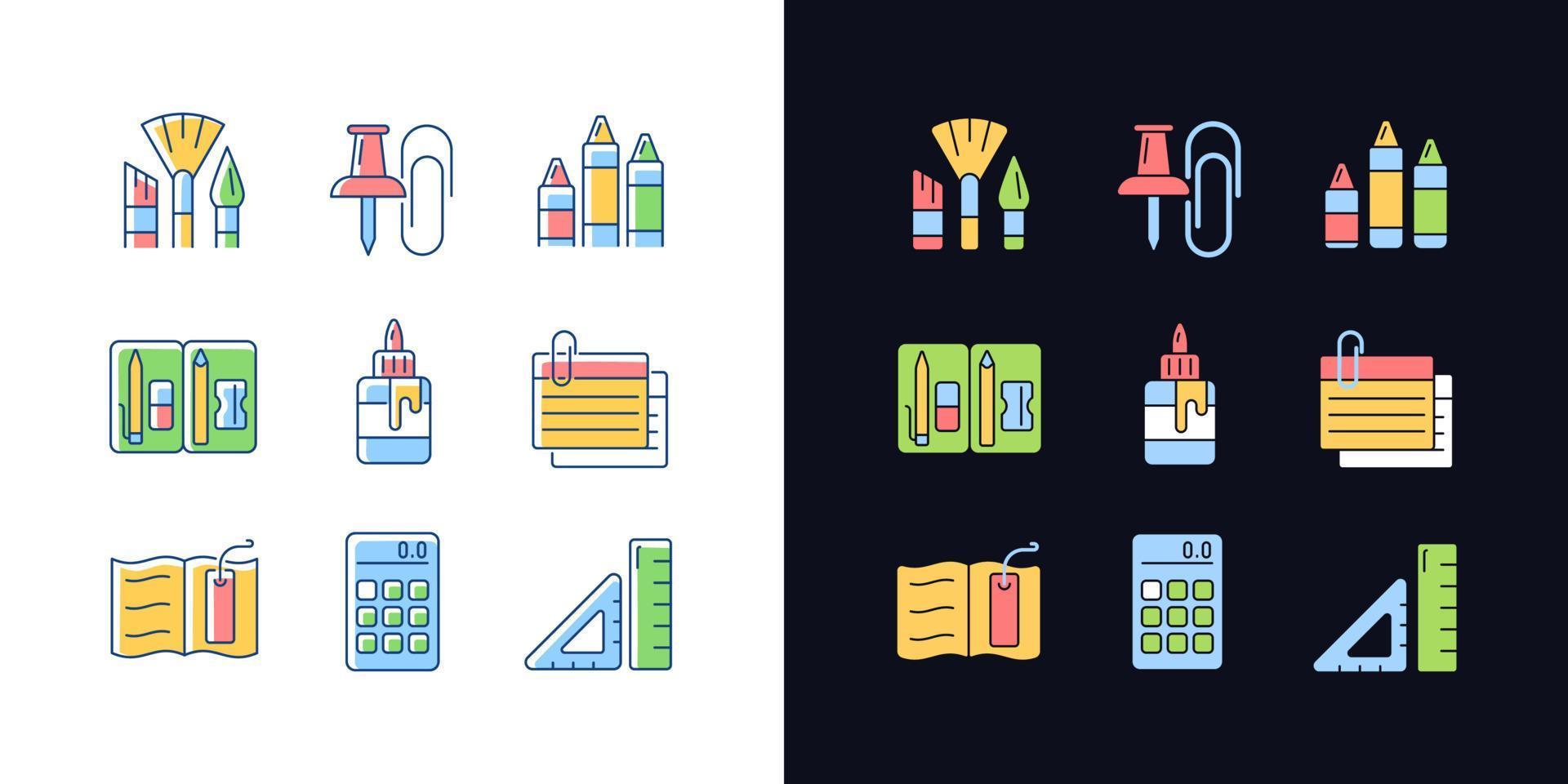 skolan väsentlig utrustning ljus och mörk tema rgb färg ikoner set. målarpensel. kontors material. pennpåse. isolerade vektorillustrationer på vitt och svart utrymme. enkla ifyllda linjeritningspaket vektor