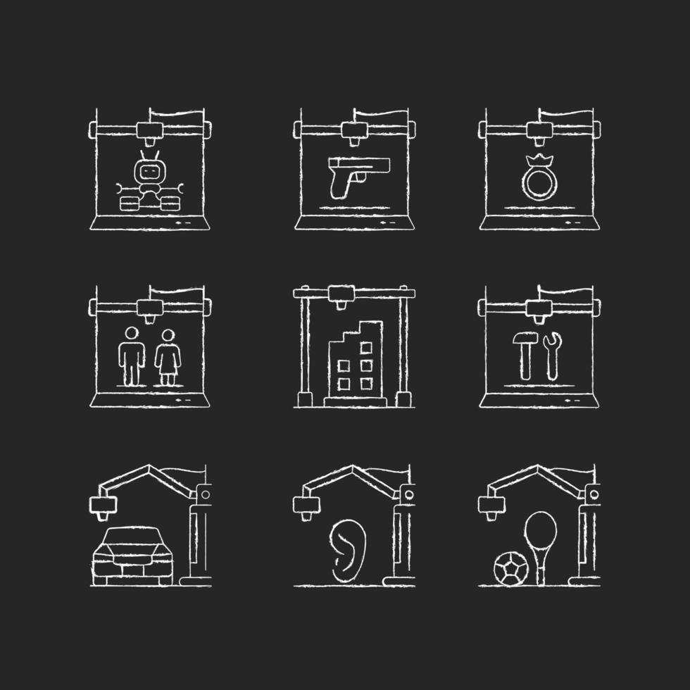 3D-Druckprozess Kreide weiße Symbole auf dunklem Hintergrund. gestalterische Darstellung. Rapid-Prototyping. Moderne Technologie. Umweltnutzen. isolierte vektortafelillustrationen auf schwarz vektor