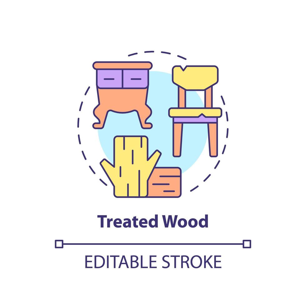 Symbol für behandeltes Holzkonzept. Holzmöbel Recycling abstrakte Idee dünne Linie Abbildung. Holzaufbereitung. Müllabfuhrdienst. Vektor isolierte Umriss-Farbzeichnung. bearbeitbarer Strich