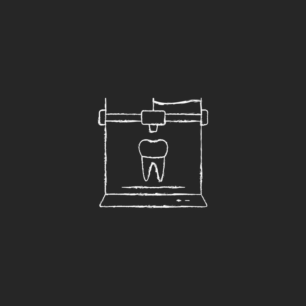 3D-Druck für Zahnheilkunde Kreide weißes Symbol auf dunklem Hintergrund. Herstellung von Zahnimplantaten. Innovation im medizinischen Bereich. physische Prototypen erstellen. isolierte vektortafelillustration auf schwarz vektor